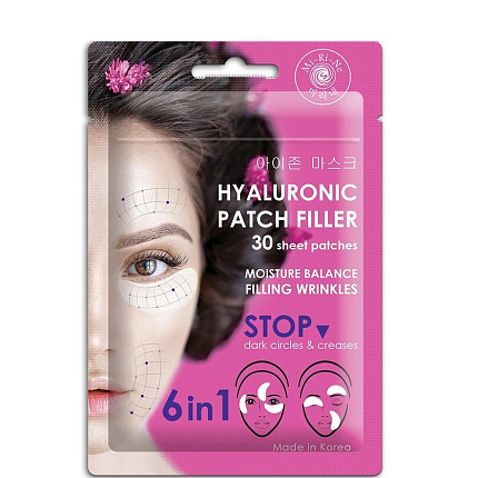 [MI-RI-NE] Гиалуроновые тканевые патчи-филлеры 6 в 1 для кожи вокруг глаз, межбровных и носогубных складок на лице (30 патчей), 25гр